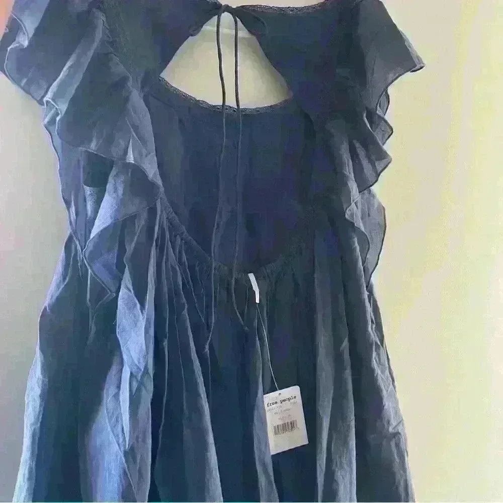 Free People Women's Hailey Cotton Ruffle Short Sleeve Mini Dress Navy M $148 NWT - Picture 7 of 12